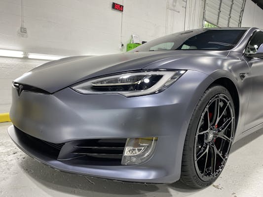 Clear paint protection on a Silver Tesla