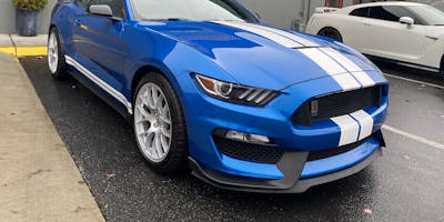 A striking blue Shelby Mustang with prominent white racing stripes